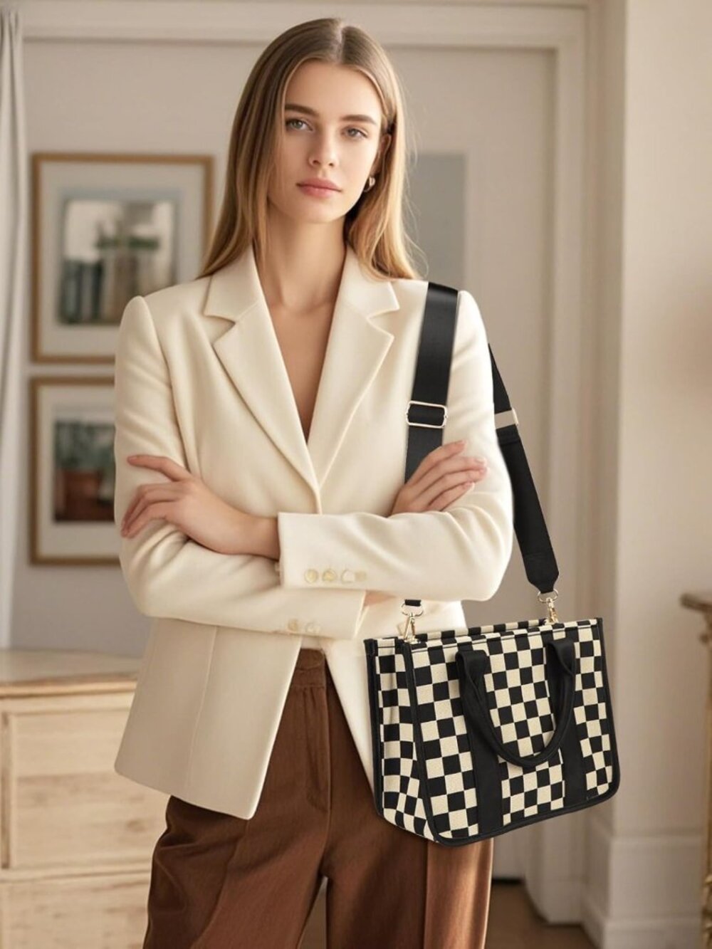 Chic Black and White Checkered Crossbody Tote Bag | Casual Purse for Work - Picture 2 of 8